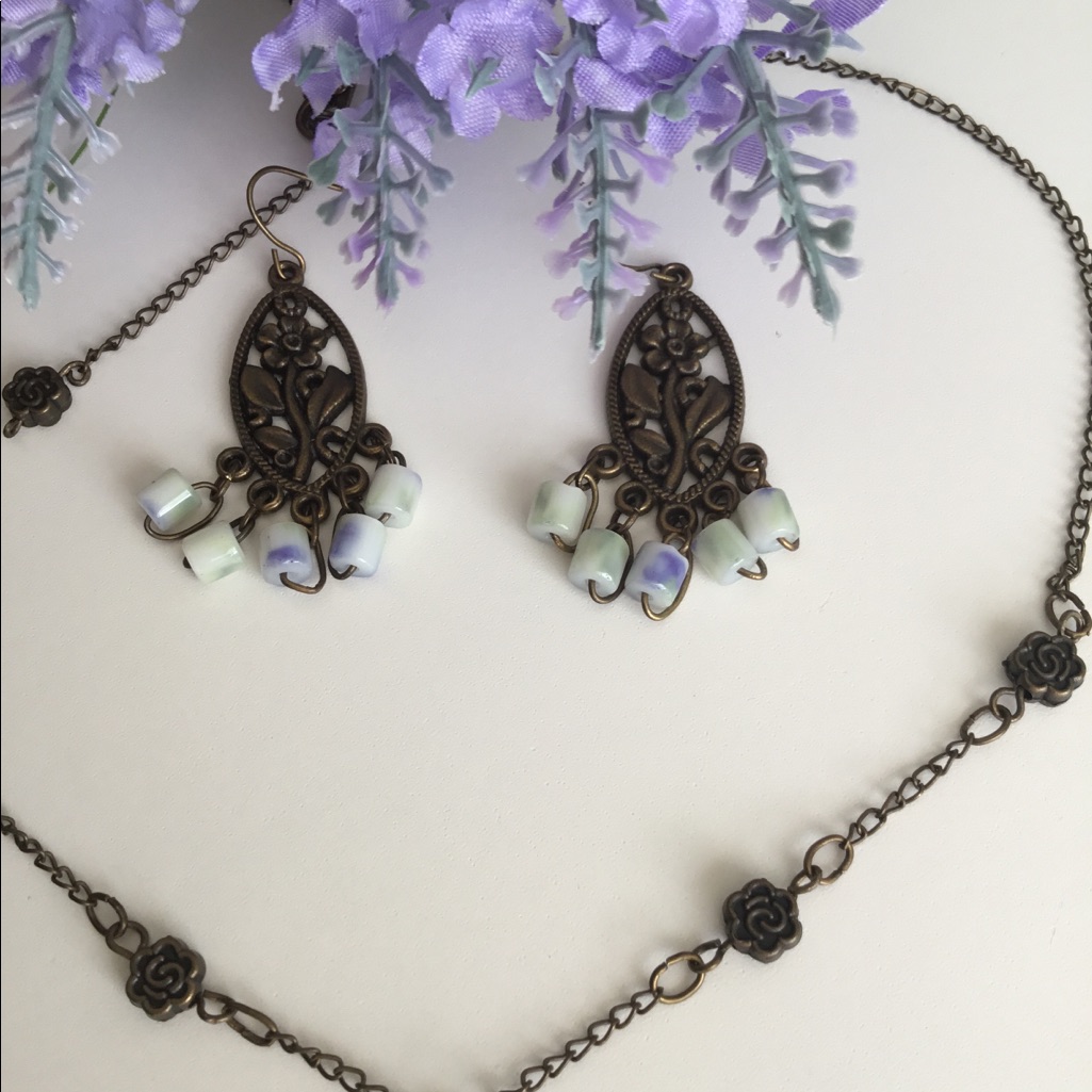 Oval Earrings Necklace Copper Set Lavender Shades